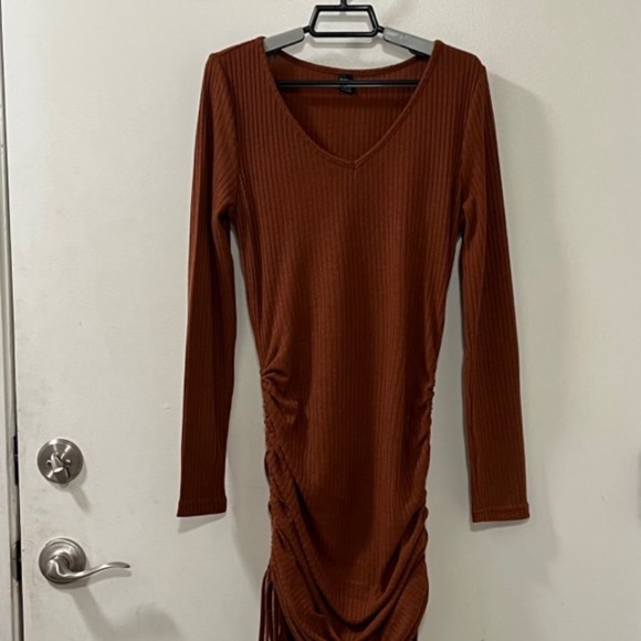 Shein Womens Brown V-Neck Knitted Ruched Bodycon Long Sleeve Dress Size Large - Picture 4 of 11
